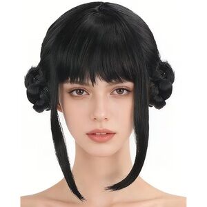 Black Synthetic Women's Wig with Side Locks and Braided Buns